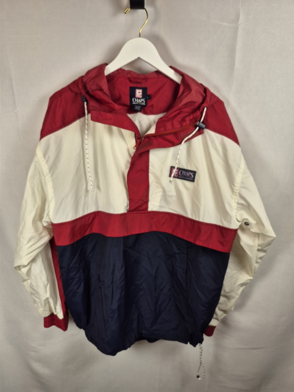 VTG Chaps USA Red Cream Navy Colorblock Windbreaker Anorak Size L
